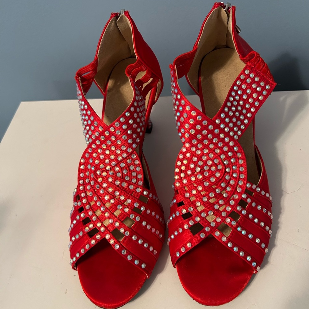 Dazzling Red Rhinestone Women's Heels - size 7.5.  Open toe, zipper back